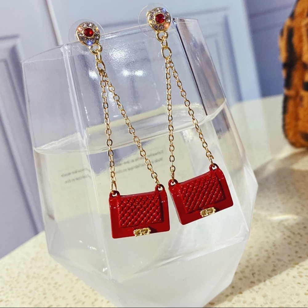 1 LEFT! 🥀 Trendy Red Purse Dangling Earrings - Picture 3 of 3